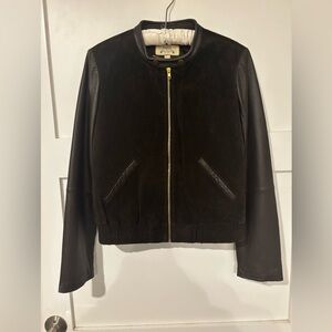 MNG MANGO Dark Brown Leather & Suede Bomber Jacket – Size M